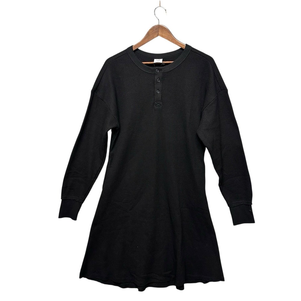 Womens Sz M Long Sleeve Black Waffle Knit Thermal Short Dress Henley Pocket NEW‎